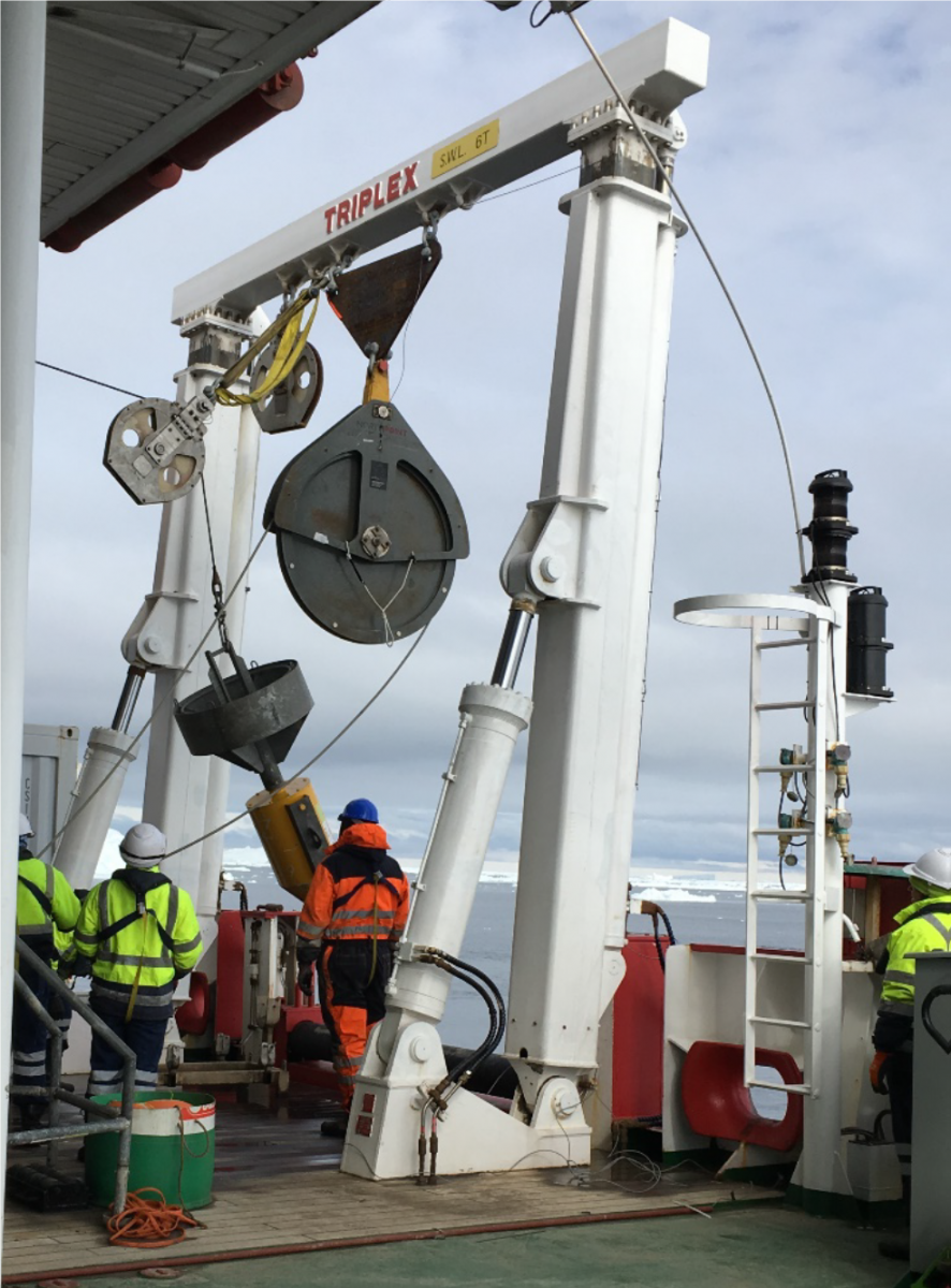 Image 1: Coring operations onboard during the Weddell Sea Project, 2019, aboard the S.A. Agulhas II (Image courtesy of Jeff Evans)