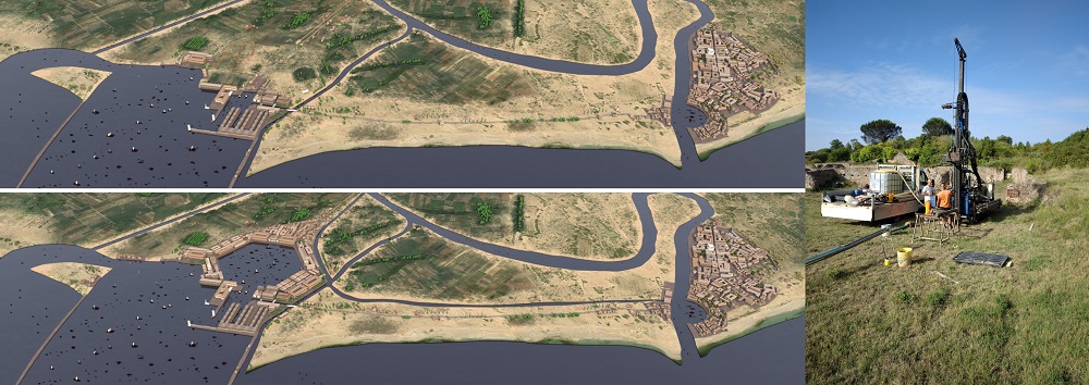 Left: The changing cityscape of the Imperial coast and harbour at Portus. © R. Fabro - R. Saleri 2018; Right: Coring rig in extracting sediment in the old channels and harbour of Ostia courtesy of Ferréol Saloman.